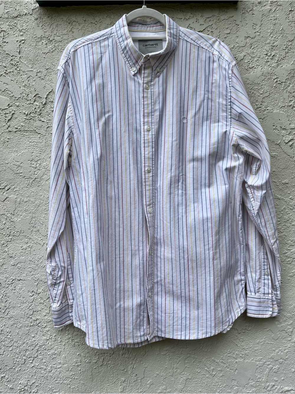 Carhartt WIP Men’s White Button-Down Shirt with Multi Color Stripes